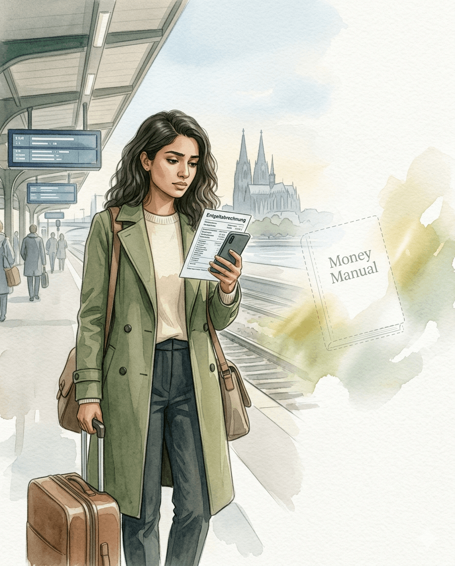 Expat at Cologne station reading a German payslip, with a glowing Money Manual guidebook outline beside her