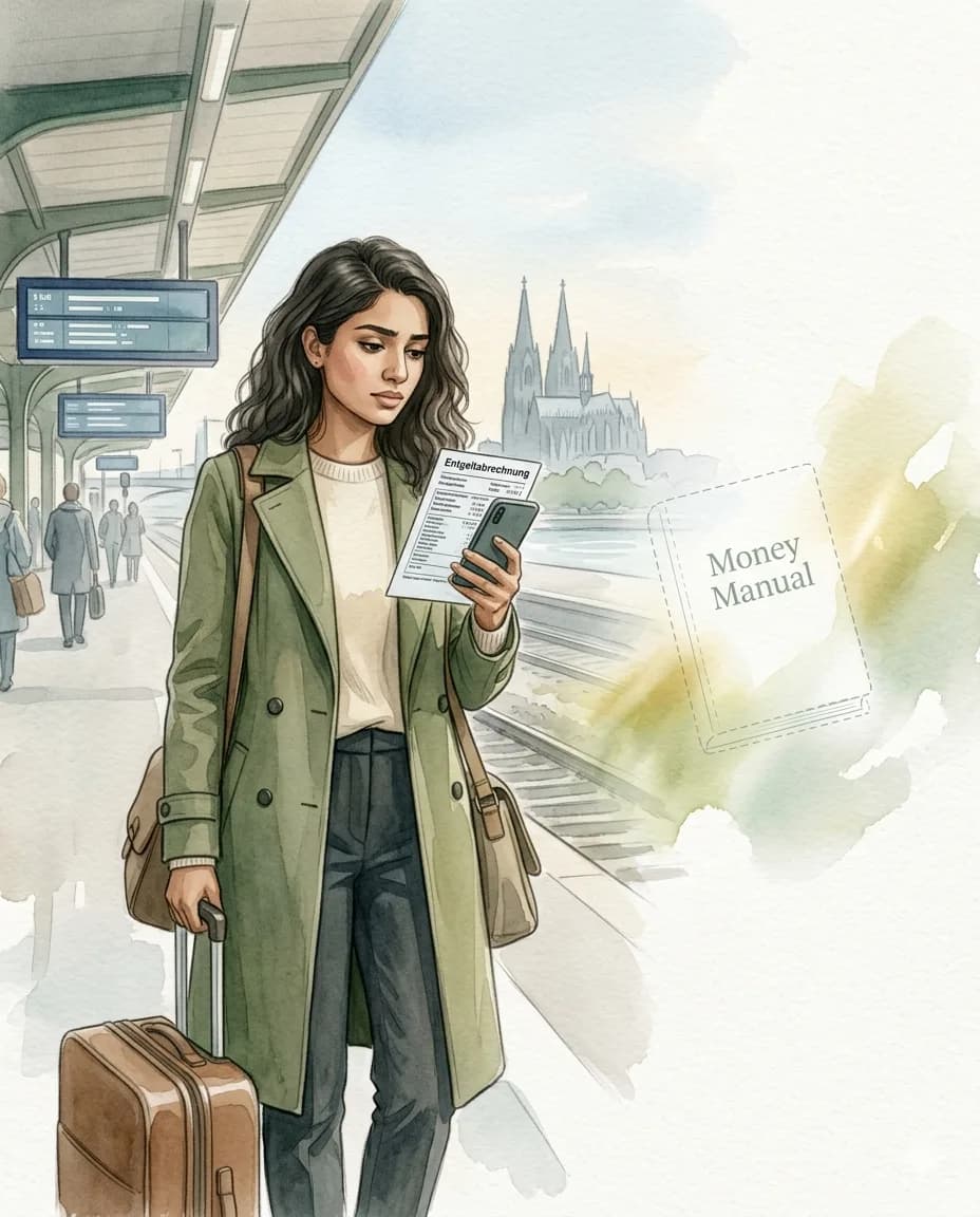 Expat at Cologne station reading a German payslip, with a glowing Money Manual guidebook outline beside her